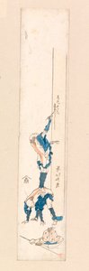 Kunstenaar die op de rug van een man staat en op een zuil schrijft, ca.1820 (kleur houtsnede) door Katsushika Hokusai