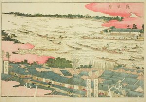 Asakusa-festival (Asakusa matsuri), uit het geïllustreerde boek "Prentenboek van vermaak in het Oosten (Ehon Azuma asobi)" door Katsushika Hokusai