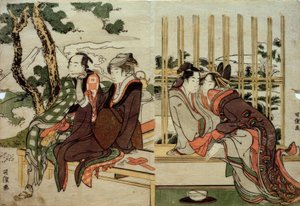 Azuma en Yogoro in de Oude Sneeuw. Koman en Yosaku in de Avondrood door Katsushika Hokusai