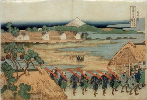 Berg Fuji, gezien vanaf Senju en het amusementsdistrict door Katsushika Hokusai