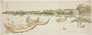 Boten die rijst vervoeren op de Sumida-rivier