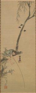 Jongen die vist vanaf een tak van een boom, Edo-periode, 1839 door Katsushika Hokusai