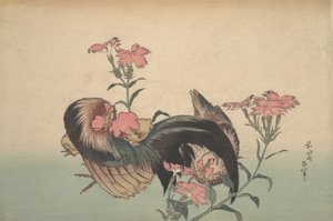 Haan, Hen en Nadeshiko Dianthus Superbus door Katsushika Hokusai