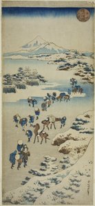 Oversteek van het bevroren Suwa-meer in de provincie Shinano door Katsushika Hokusai