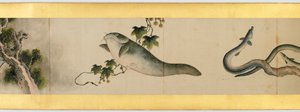 Handrol met diverse afbeeldingen, Edo-periode, 1839 inkt en kleur op papier (detail) door Katsushika Hokusai