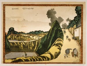 Dorp aan de weg van Ushigafuchi naar Kudan door Katsushika Hokusai