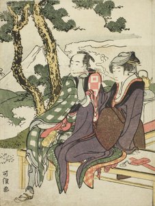 Avondgloed voor Date no Yosaku en Seki no Koman, uit de ongetitelde serie bekend als Acht Uitzichten van Tragische Geliefden door Katsushika Hokusai