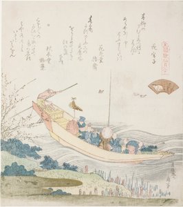 Veerboot op de Sumida-rivier, illustratie voor de Hoofdstadsschelp (Miyako-gai), uit de serie "Een Wedstrijdspel met Gedichten uit de Genroku-periode (Genroku kasen kai awase)" door Katsushika Hokusai