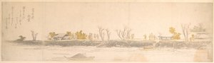 Figuren die over een landtong wandelen; water en boten op de voorgrond door Katsushika Hokusai