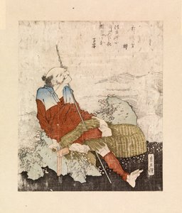 Visser die rookt naast een stroom, ca.1835 (kleur houtsnede) door Katsushika Hokusai