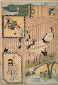 Japanse kooi en Mantsjoerijse kraanvogels, uit een set reclame voor Giant Straw Works in een kermisattractie door Katsushika Hokusai