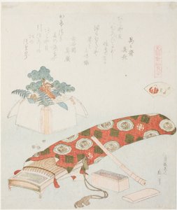 Koto en Nieuwjaarsaanbieding, illustratie voor The Akoya Beach Shell (Akoyagai), uit de serie "Een matching game met Genroku-periode gedichtenschelpen (Genroku kasen kai awase)" door Katsushika Hokusai