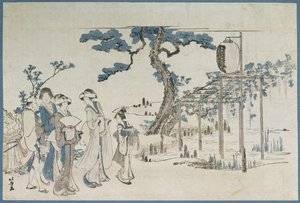 Dames die de Wisteria-tuinen in Kameido bezoeken