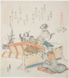 Bamboe jaloezieën maken, illustratie voor De Bamboe-Jaloezie Schelp (Sudare-gai), uit de serie "Een spel met Genroku-periode gedichtenschelpen (Genroku kasen kai awase)"