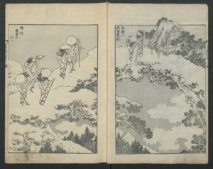 Mount Fuji onder een brug links, Mount Fuji achter een net rechts, uit Honderd uitzichten, ca. 1847 door Katsushika Hokusai