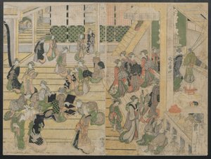 Nieuwjaarsdag bij de Ogiya Seiro, ca. 1804 door Katsushika Hokusai