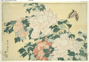 Pioenen en Vlinder, uit een ongetitelde serie van grote bloemen door Katsushika Hokusai