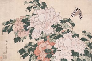 Roze en Rode Pioenen Geblazen naar Links in een Bries en een Vlinder door Katsushika Hokusai