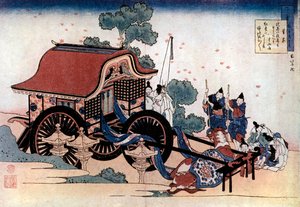 Trekken van een driewielige wagen, Japanse houtsnede, ca. 1780-1849