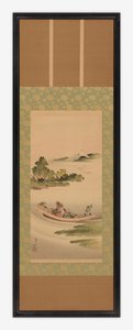 Rivierlandschap: veerboot en berg Fuji, Edo-periode, 1842 door Katsushika Hokusai