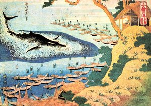 Serie van duizend uitzichten op de oceaan: de walvis voor de kust van de Goto-eilanden, Japan door Katsushika Hokusai