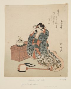 Shamisen-speler die haar haar aanpast (kleur houtsnede)