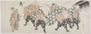 Zes mannelijke goden die de leeuwendans uitvoeren, 1797-1819 door Katsushika Hokusai
