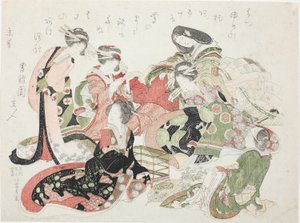 Zes vrouwen zittend rond een vogelkooi door Katsushika Hokusai