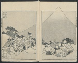 Links naar beneden glijden, De opening van Fuji rechts uit Honderd Zichten op de Fuji, 1834 door Katsushika Hokusai