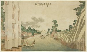 Sumida-rivier gezien vanaf Azuma-brug (Azumabashi yori Sumida wo miru no zu), uit een groep westerse landschappen door Katsushika Hokusai