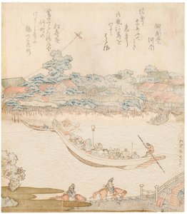 De oevers van de Sumida-rivier, Komatomeishi. Drieluik uit de serie Umazukushi, Middenstuk door Katsushika Hokusai