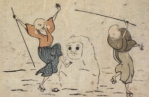 Twee blinde mannen en sneeuwpop door Katsushika Hokusai