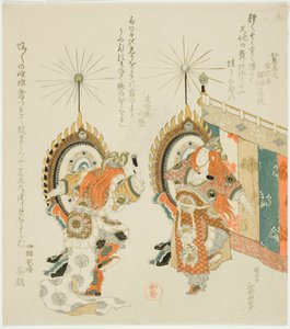 Twee soldaten slaan op trommels door Katsushika Hokusai