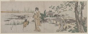 Twee vrouwen en een kind naast een goudvissenkom door Katsushika Hokusai