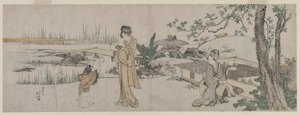 Twee vrouwen en een kind naast een goudvissenkom, ca. 1800 door Katsushika Hokusai
