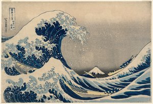 Onder de golf bij Kanagawa (Kanagawa-oki nami-ura), ook bekend als de Grote Golf, uit de serie Zesendertig gezichten op de berg Fuji (Fugaku sanjūrokkei) door Katsushika Hokusai
