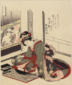 Vrouw die Bonkei Regelt, 1820-1834 door Katsushika Hokusai