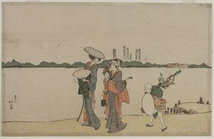 Vrouwen en Kinderen die Langs de Sumida Rivier Lopen