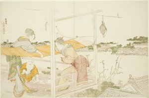 Vrouwen op een veranda die doek te drogen hangen door Katsushika Hokusai