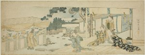 Vrouwen op de veranda kijken naar een meisje dat bloemen plukt door Katsushika Hokusai