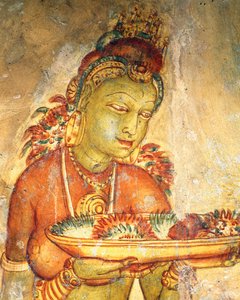 Apsaras, hemelse nimf die bloemen aanbiedt (fresco, versterkte citadel van Sigiriya, UNESCO Werelderfgoedlijst) door Alec Hunter