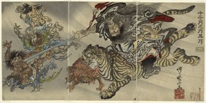 Mei: Shoki de demonenverdrijver rijdend op een tijger, onderwerping van goblins, uit de serie "Van de twaalf maanden: de vijfde" door Kawanabe Kyosai