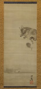 Tanuki Wasbeerhond die zijn Reflectie in Water Bekijkt, late 19e eeuw door Kawanabe Kyosai