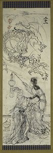 Twee Chinese vrouwen met draak, één van zes schetsen door Kawanabe Kyosai