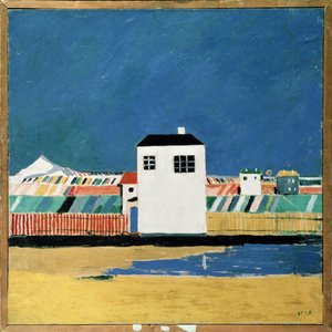 Landschap met een wit huis. door Kazimir Severinovich Malevich