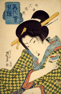 Halflang portret van jonge vrouw met beker in haar hand, circa 1830, ukiyo-e door Keisai Eisen, spiegel met mooie vrouwen serie, selectie van zes hedendaagse schoonheden, oban gevormde houtsnede, Japanse beschaving, Edo-periode
