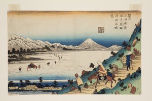 Nr. 31, Shiojiri Pass: Uitzicht op het Suwameer door Keisai Eisen