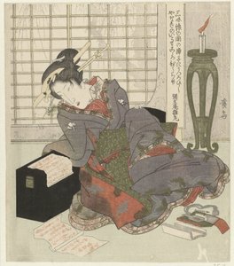 Een geisha leunt op de doos van haar shamisen door Keisai Eisen