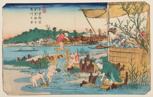 Kuragano, kinderen die in het water spelen, plaat 13 uit de serie: De negenenzestig stations van de Kisokaido-weg door Keisai Eisen