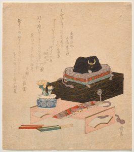 Stilleven met een keramische strelende os (Nadeushi) door Keisai Eisen